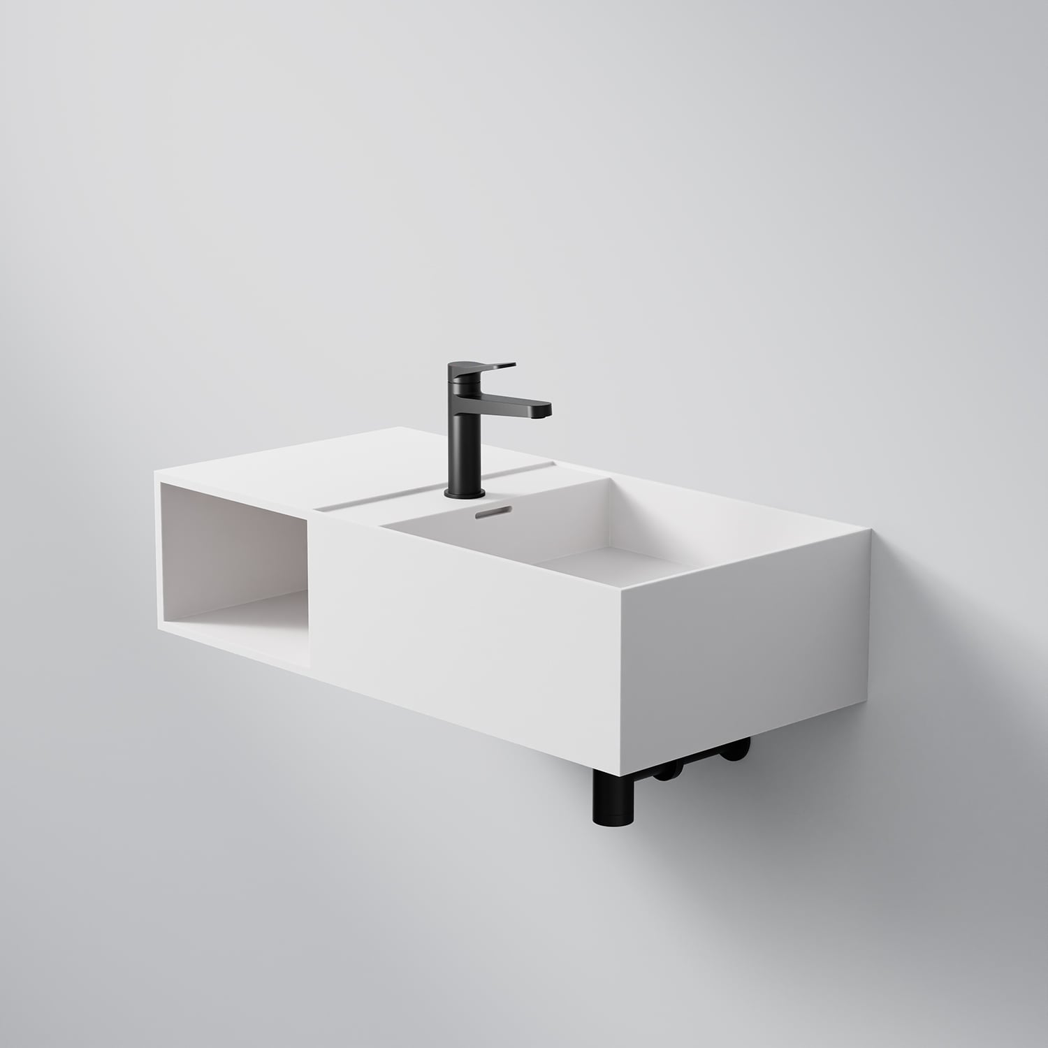 Steinberg Rectangular Solid Surface Wall Mount Washbasin Open Shelf On Left