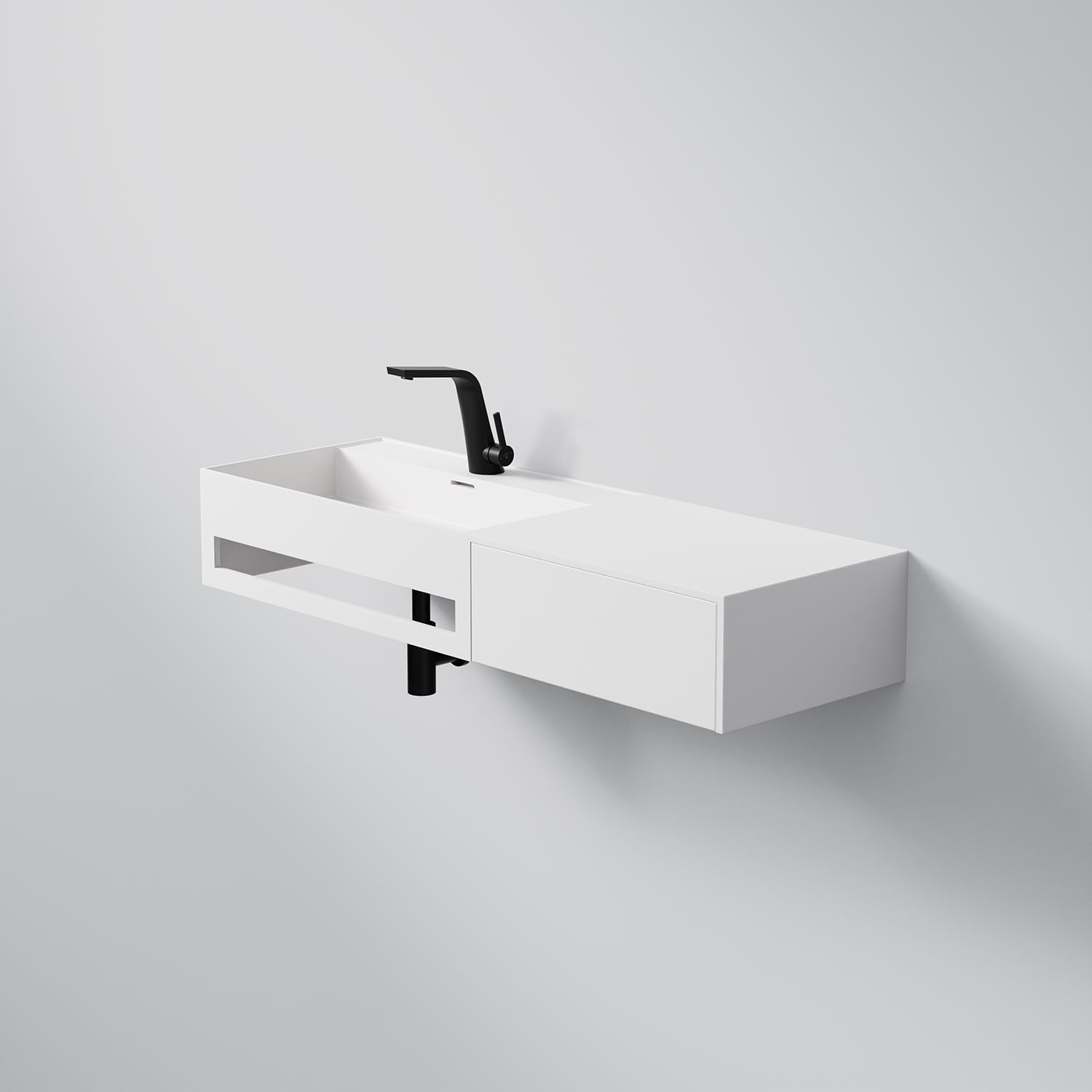 Steinberg Rectangular Solid Surface Wall Mount Washbasin Drawer On Right Towel Holder On Left (Matt White 1200mm x 400mm x 200mm)