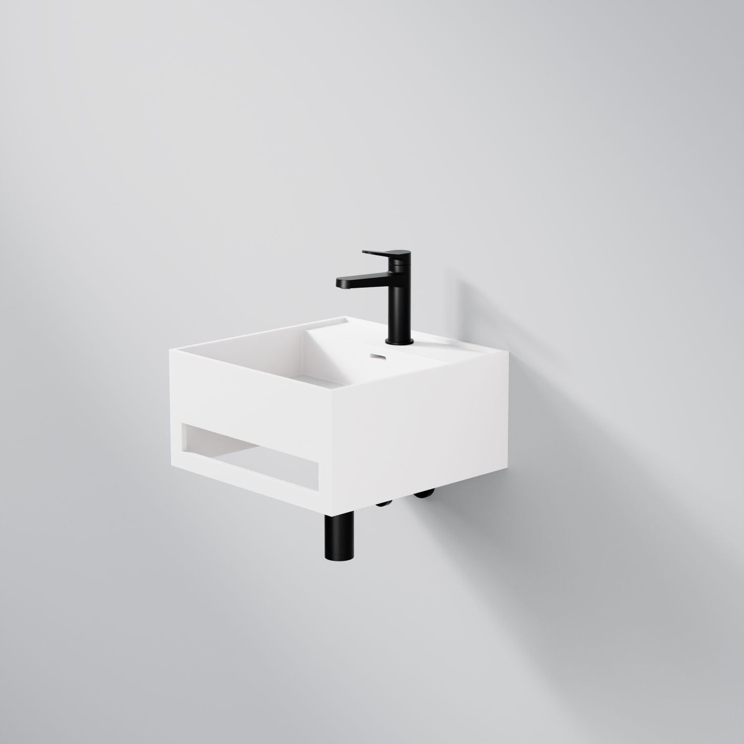 Steinberg Square Solid Surface Wall Mount Washbasin With Towel Holder (Matt Black 400mm x 400mm)