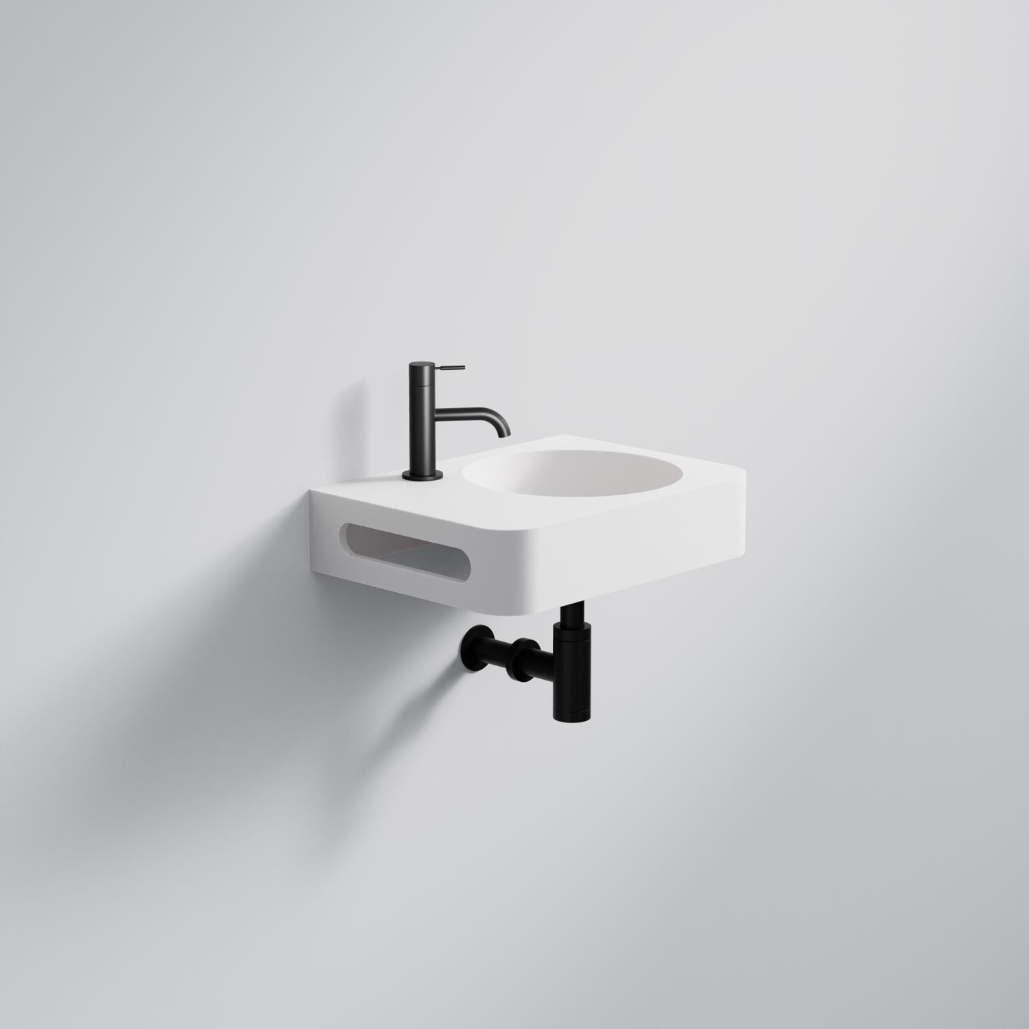 Steinberg Square Solid Surface Wall Mount Washbasin Tap Hole And Towel Holder On Left (Matt White 450mm x 330mm x 140mm)