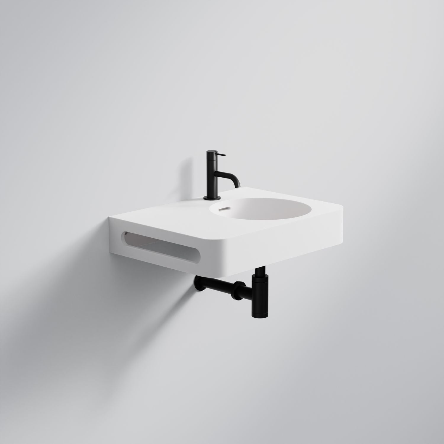 Steinberg Square Solid Surface Wall Mount Washbasin Tap Hole On Right Towel Holder On Left (Matt White 550mm x 400mm x 140mm)