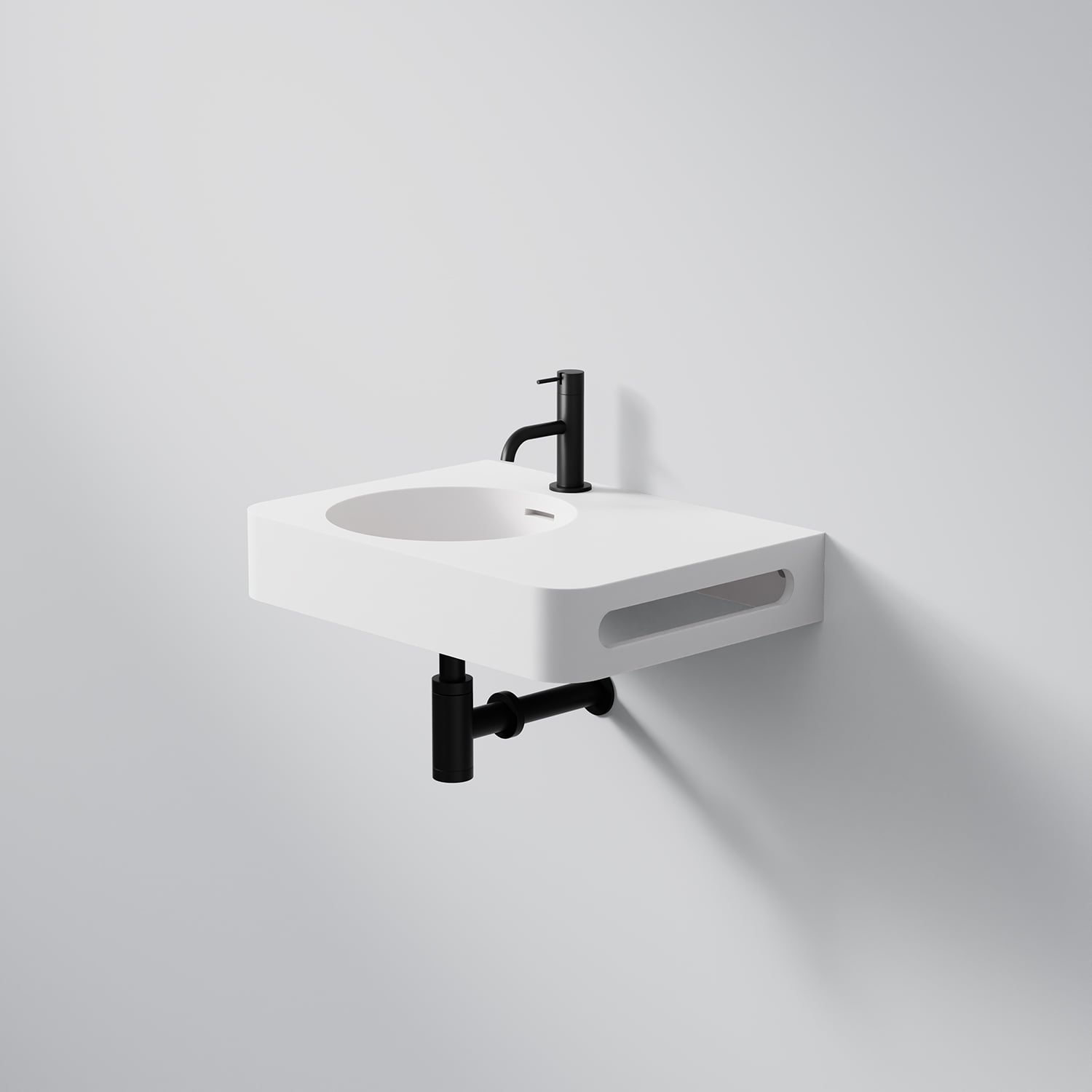Steinberg Square Solid Surface Wall Mount Washbasin Tap Hole On Left Towel Holder On Right (Matt White 550mm x 400mm x 140mm)