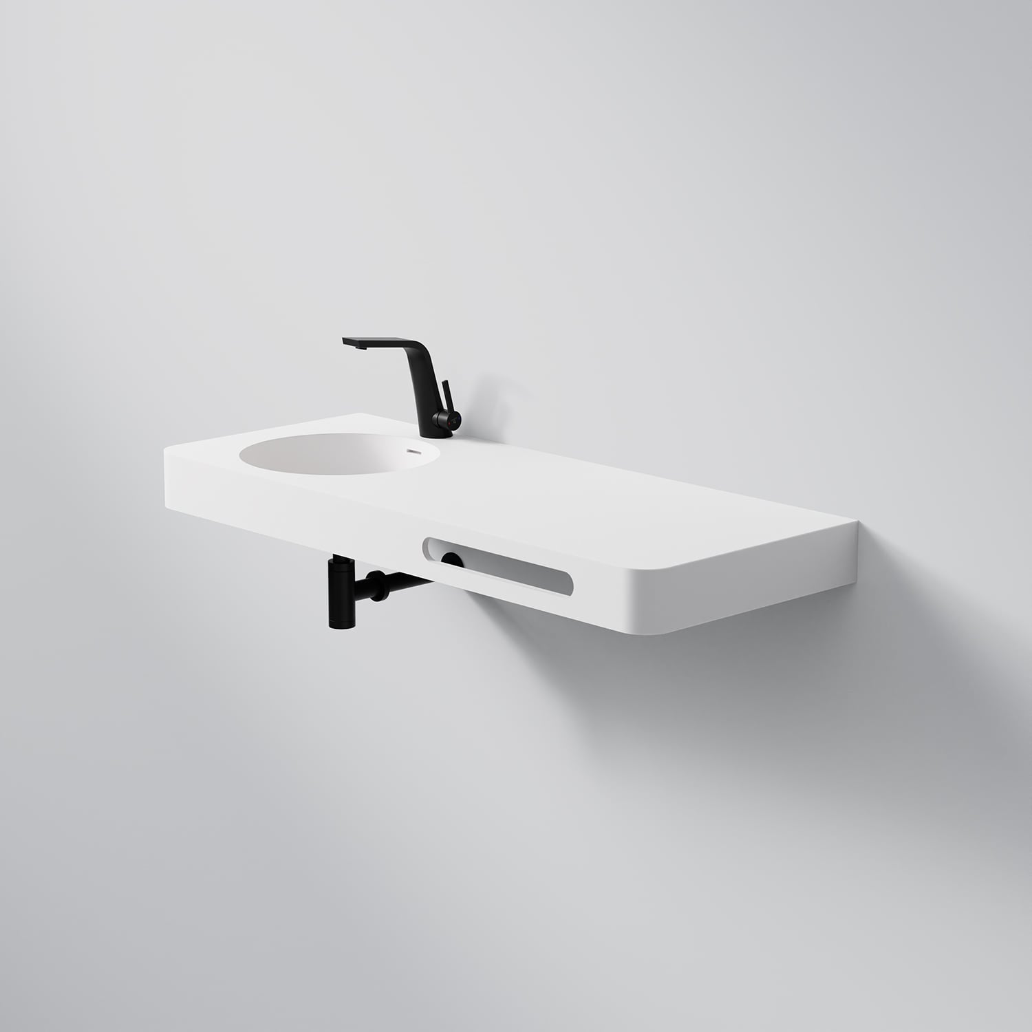 Steinberg Rectangular Solid Surface Wall Mount Washbasin Tap Hole On Left Towel Holder On Right