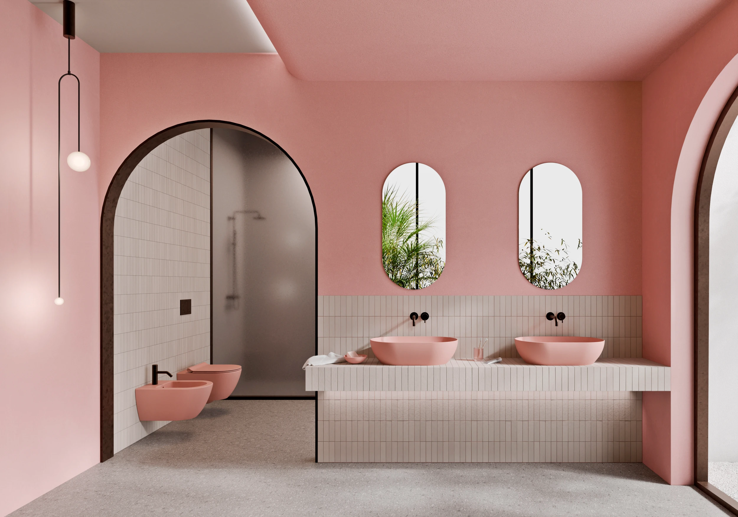 Stylish pink bathroom with modern fixtures.