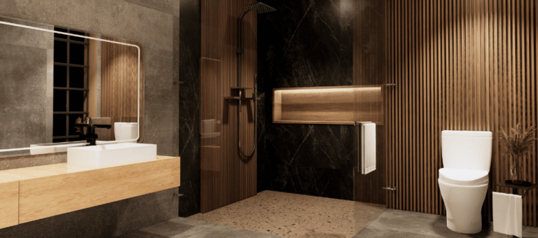 Spa-inspired luxury bathroom with freestanding bath and brushed brass fittings — Vitruvius Design