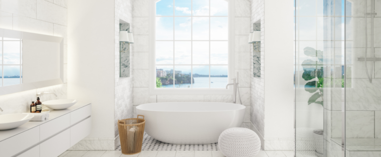 Classic freestanding bath alongside modern Steinberg Matt Black fittings | Vitruvius Design