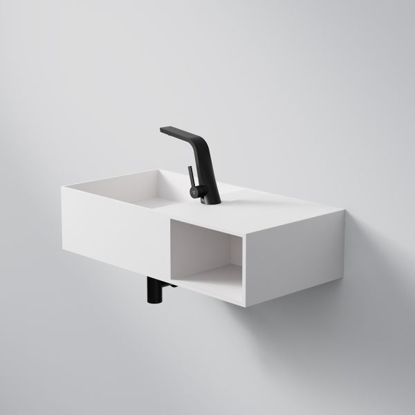 Steinberg Rectangular Solid Surface Wall Mount Washbasin Open Shelf On Right