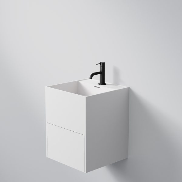 Steinberg Square Solid Surface Wall Mount Washbasin With Drawer (Matt White 400mm x 400mm x 500mm)