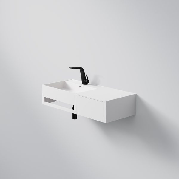 Steinberg Rectangular Solid Surface Wall Mount Washbasin Drawer On Right Towel Holder On Left (Matt White 900mm x 400mm x 200mm)