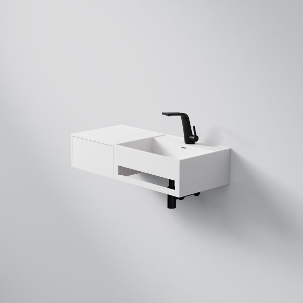 Steinberg Rectangular Solid Surface Wall Mount Washbasin Drawer On Left Towel Holder On Right (Matt White 900mm x 400mm x 200mm)