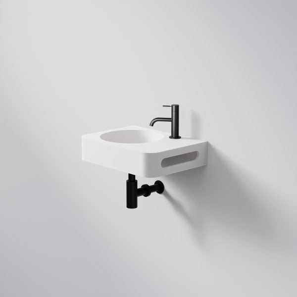 Steinberg Square Solid Surface Wall Mount Washbasin Tap Hole And Towel Holder On Right (Matt White 450mm x 330mm x 140mm)