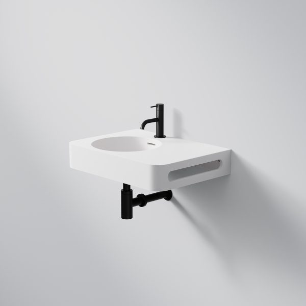 Steinberg Square Solid Surface Wall Mount Washbasin Tap Hole On Left Towel Holder On Right (Matt White 550mm x 400mm x 140mm)